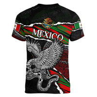 Eagle Snake Mexico Women V-Neck T-Shirt Aztec Sun Stone