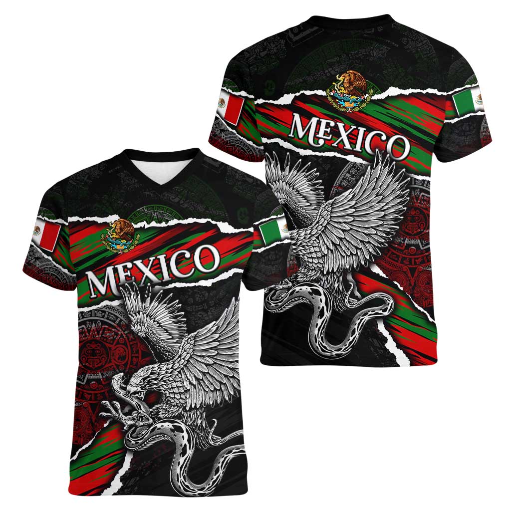 Eagle Snake Mexico Women V-Neck T-Shirt Aztec Sun Stone