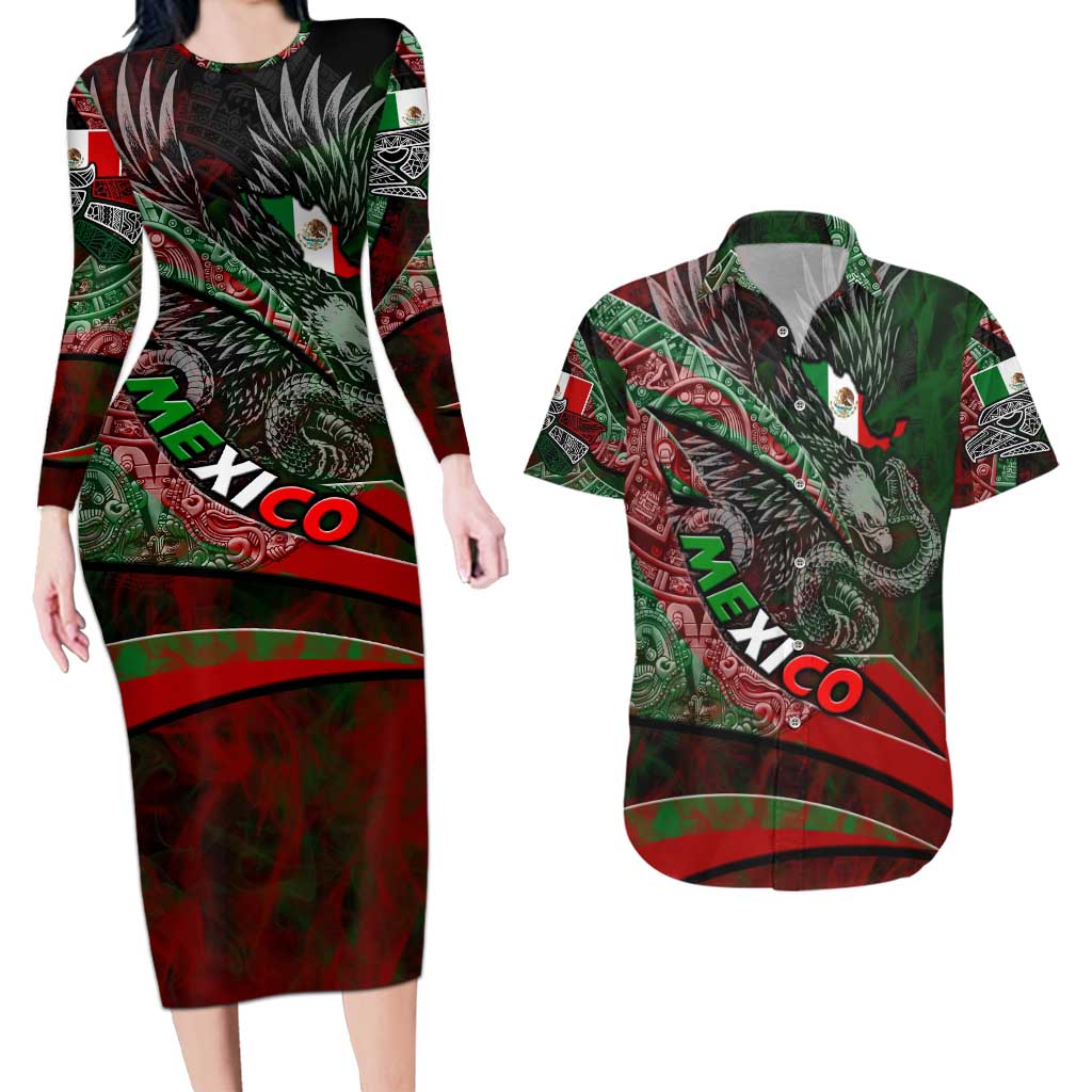 Mexico Aztec Eagle Flag Couples Matching Long Sleeve Bodycon Dress and Hawaiian Shirt Tribal Warrior Art