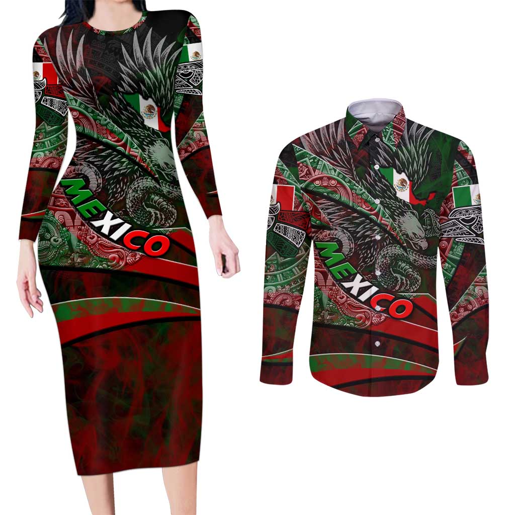Mexico Aztec Eagle Flag Couples Matching Long Sleeve Bodycon Dress and Long Sleeve Button Shirt Tribal Warrior Art