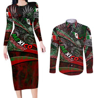 Mexico Aztec Eagle Flag Couples Matching Long Sleeve Bodycon Dress and Long Sleeve Button Shirt Tribal Warrior Art