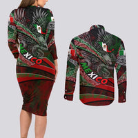 Mexico Aztec Eagle Flag Couples Matching Long Sleeve Bodycon Dress and Long Sleeve Button Shirt Tribal Warrior Art