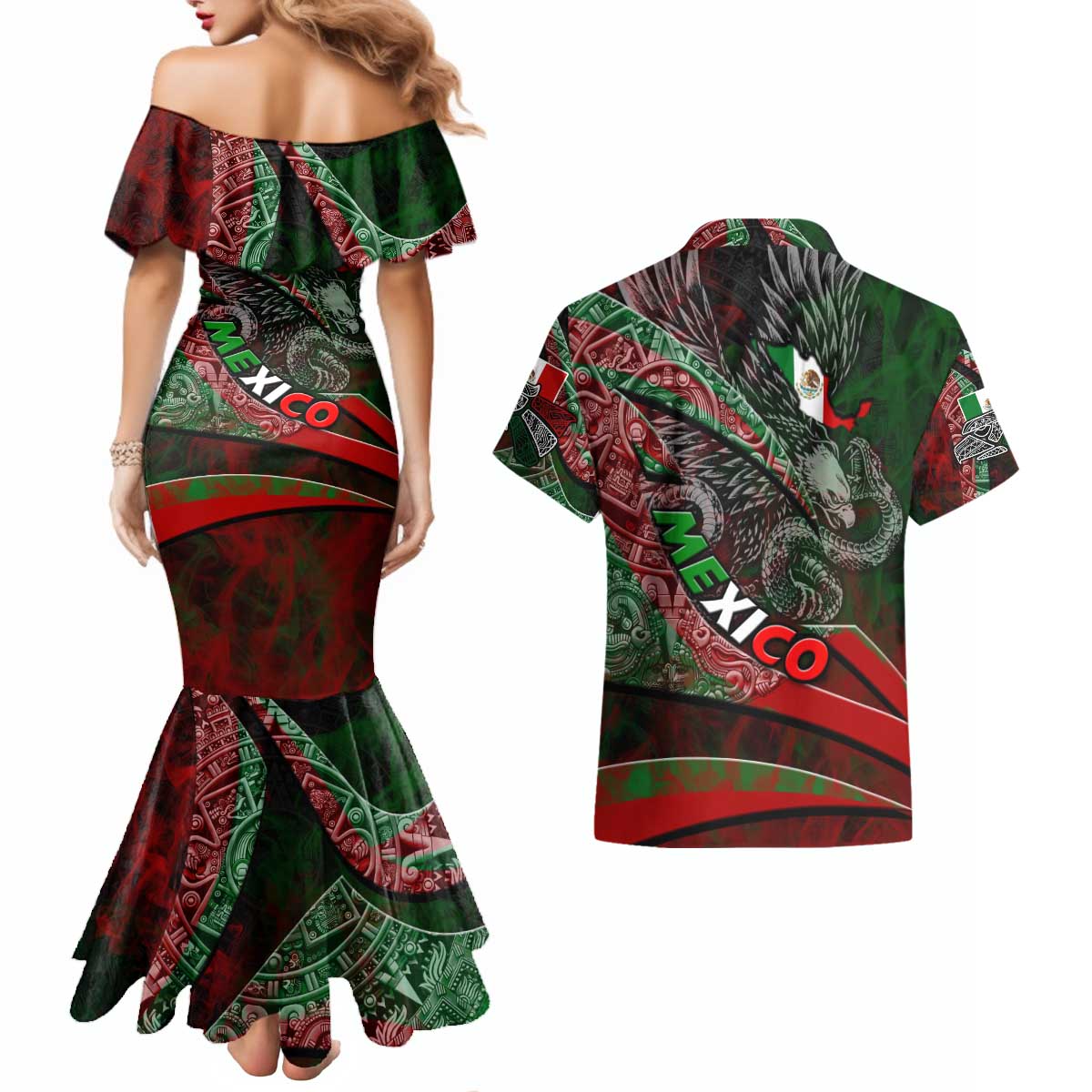 Mexico Aztec Eagle Flag Couples Matching Mermaid Dress and Hawaiian Shirt Tribal Warrior Art