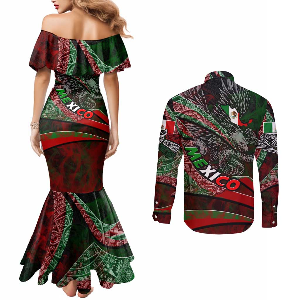 Mexico Aztec Eagle Flag Couples Matching Mermaid Dress and Long Sleeve Button Shirt Tribal Warrior Art