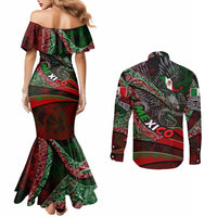 Mexico Aztec Eagle Flag Couples Matching Mermaid Dress and Long Sleeve Button Shirt Tribal Warrior Art