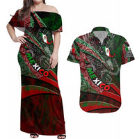 Mexico Aztec Eagle Flag Couples Matching Off Shoulder Maxi Dress and Hawaiian Shirt Tribal Warrior Art