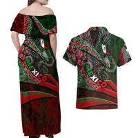 Mexico Aztec Eagle Flag Couples Matching Off Shoulder Maxi Dress and Hawaiian Shirt Tribal Warrior Art
