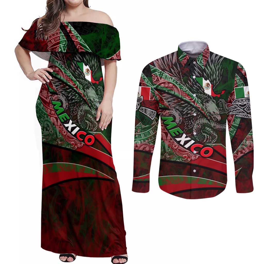 Mexico Aztec Eagle Flag Couples Matching Off Shoulder Maxi Dress and Long Sleeve Button Shirt Tribal Warrior Art