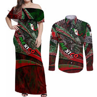 Mexico Aztec Eagle Flag Couples Matching Off Shoulder Maxi Dress and Long Sleeve Button Shirt Tribal Warrior Art