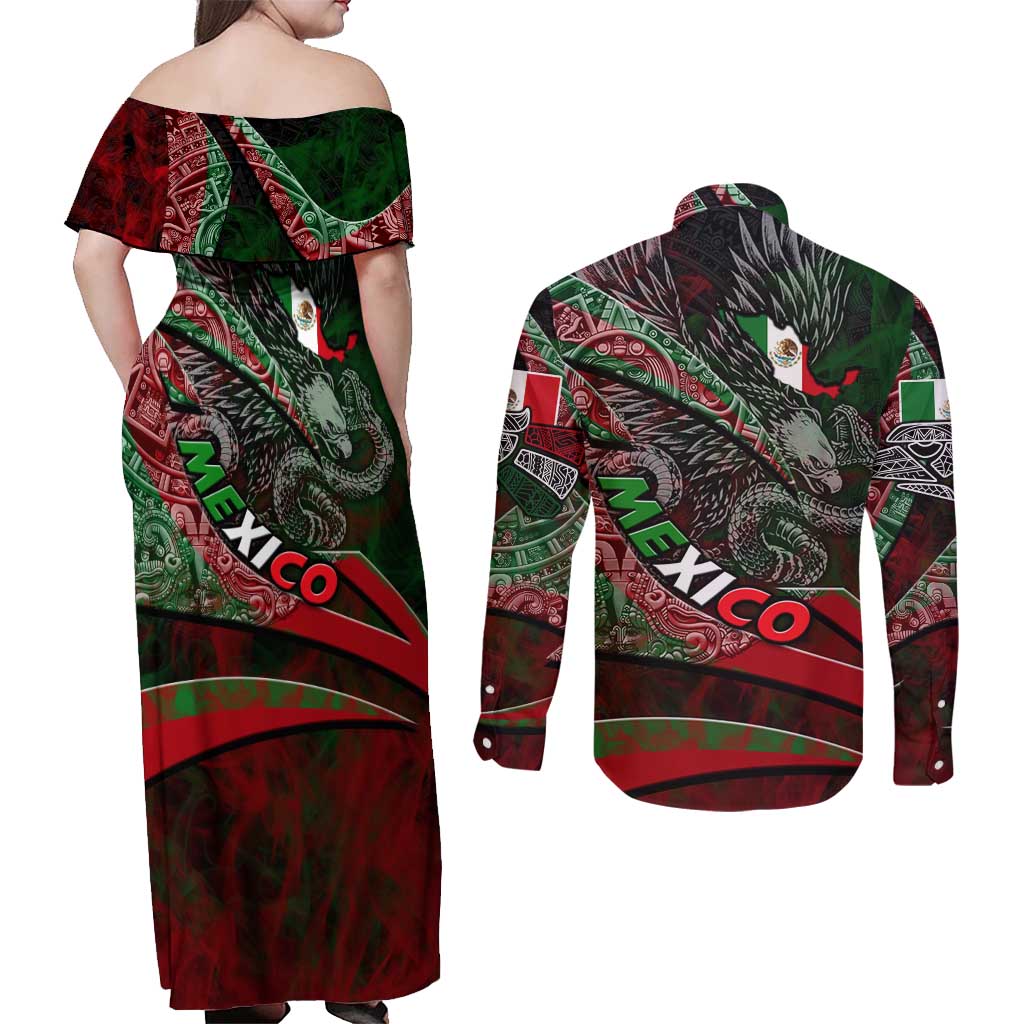 Mexico Aztec Eagle Flag Couples Matching Off Shoulder Maxi Dress and Long Sleeve Button Shirt Tribal Warrior Art