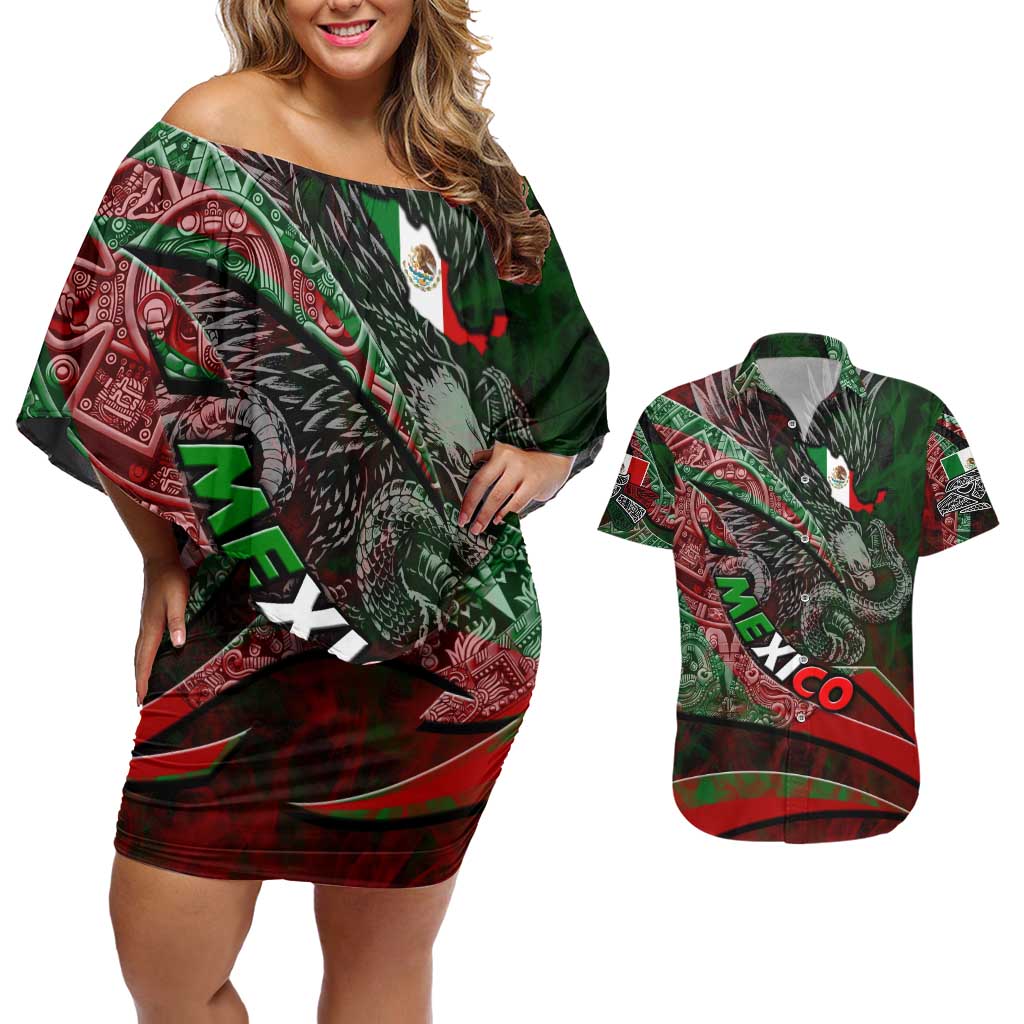 Mexico Aztec Eagle Flag Couples Matching Off Shoulder Short Dress and Hawaiian Shirt Tribal Warrior Art