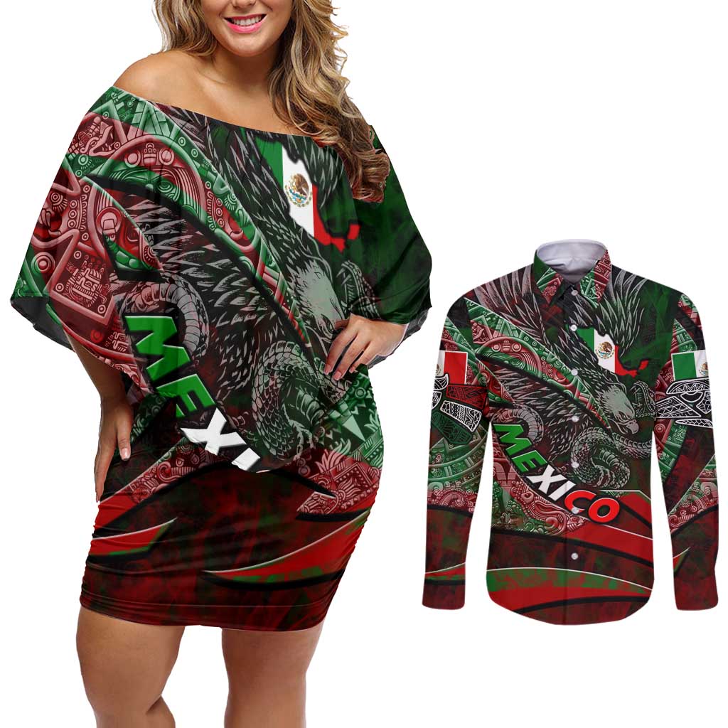Mexico Aztec Eagle Flag Couples Matching Off Shoulder Short Dress and Long Sleeve Button Shirt Tribal Warrior Art