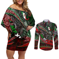 Mexico Aztec Eagle Flag Couples Matching Off Shoulder Short Dress and Long Sleeve Button Shirt Tribal Warrior Art