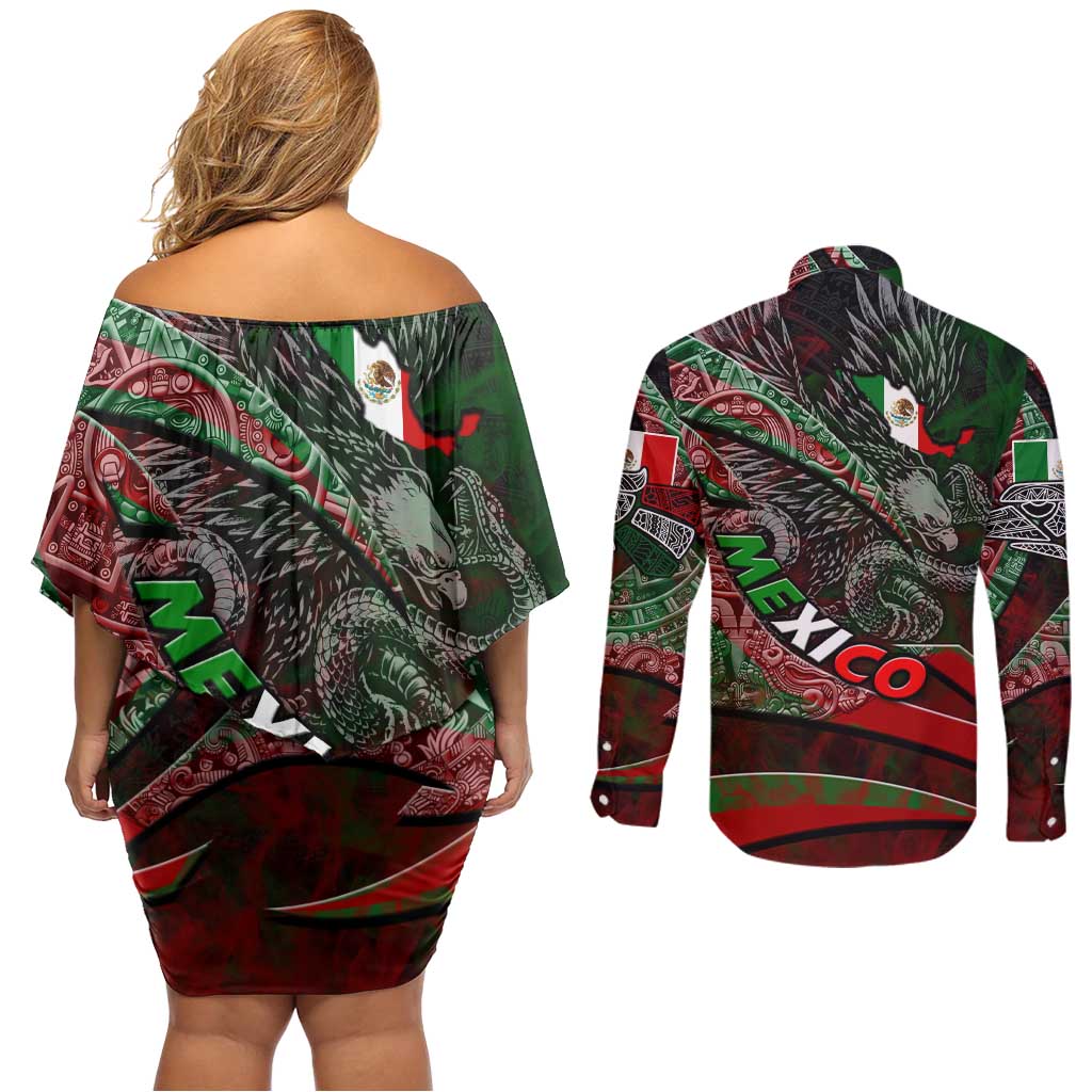 Mexico Aztec Eagle Flag Couples Matching Off Shoulder Short Dress and Long Sleeve Button Shirt Tribal Warrior Art