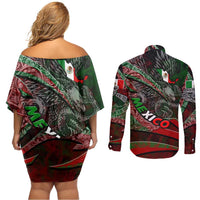 Mexico Aztec Eagle Flag Couples Matching Off Shoulder Short Dress and Long Sleeve Button Shirt Tribal Warrior Art