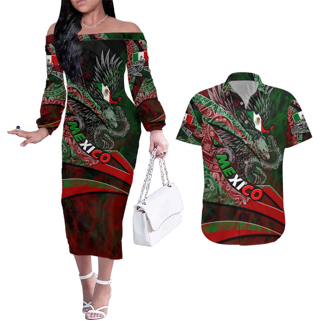 Mexico Aztec Eagle Flag Couples Matching Off The Shoulder Long Sleeve Dress and Hawaiian Shirt Tribal Warrior Art