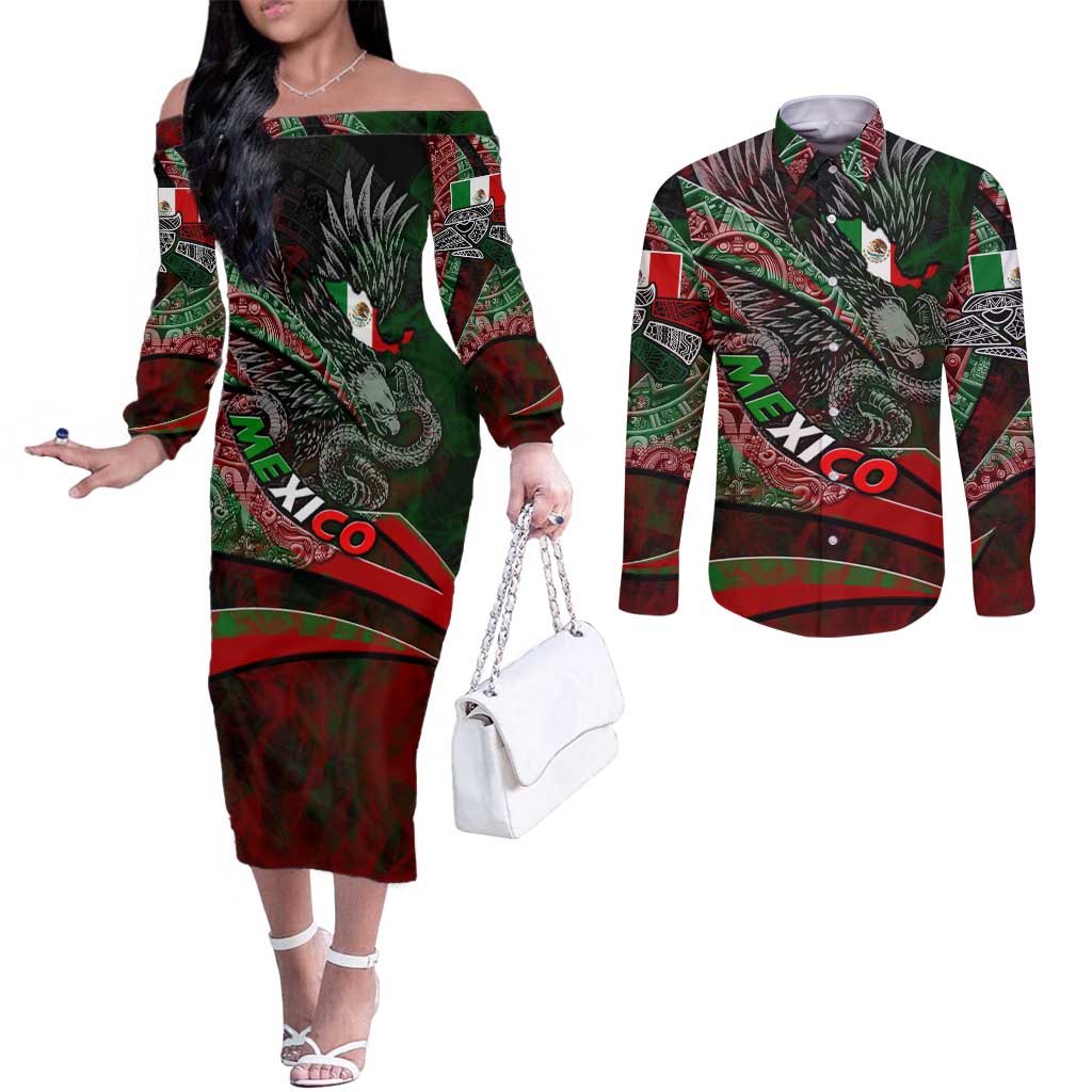 Mexico Aztec Eagle Flag Couples Matching Off The Shoulder Long Sleeve Dress and Long Sleeve Button Shirt Tribal Warrior Art