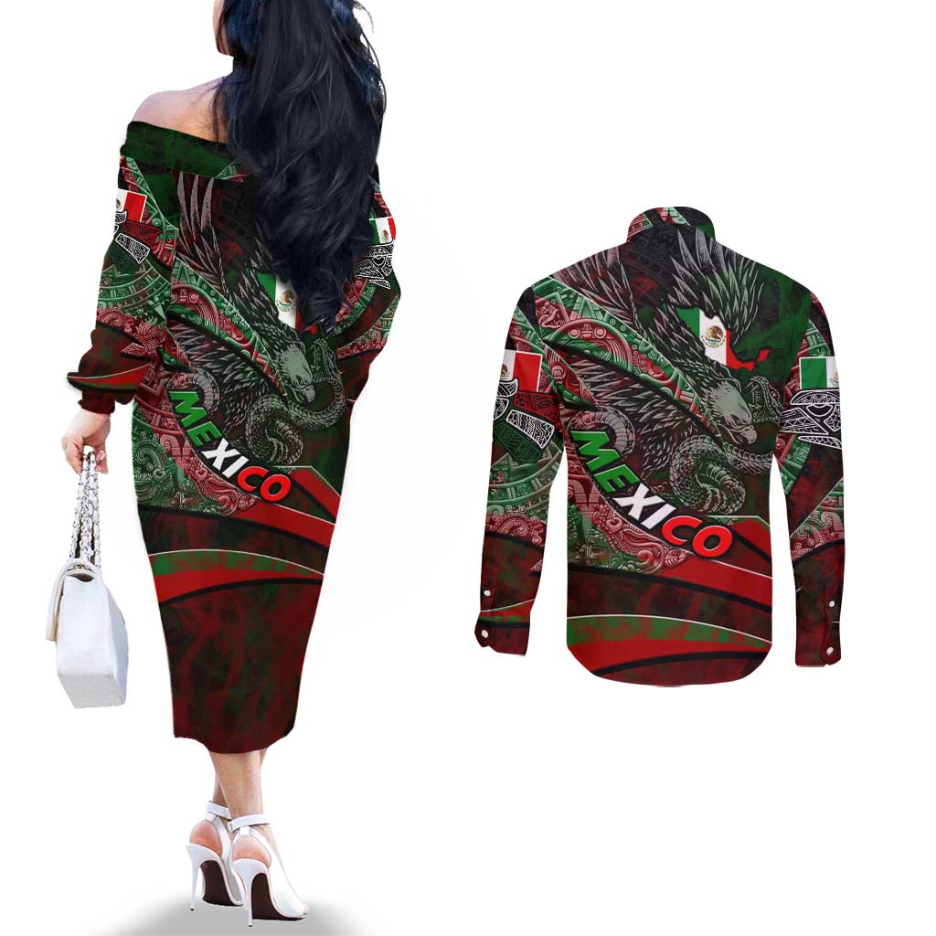 Mexico Aztec Eagle Flag Couples Matching Off The Shoulder Long Sleeve Dress and Long Sleeve Button Shirt Tribal Warrior Art