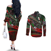 Mexico Aztec Eagle Flag Couples Matching Off The Shoulder Long Sleeve Dress and Long Sleeve Button Shirt Tribal Warrior Art