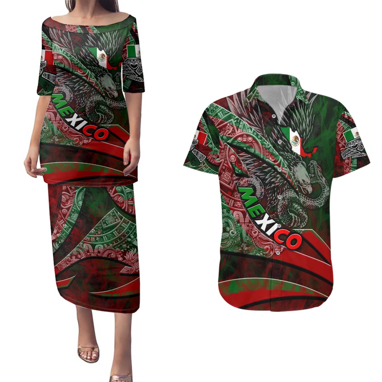 Mexico Aztec Eagle Flag Couples Matching Puletasi and Hawaiian Shirt Tribal Warrior Art