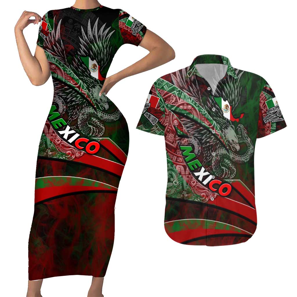 Mexico Aztec Eagle Flag Couples Matching Short Sleeve Bodycon Dress and Hawaiian Shirt Tribal Warrior Art