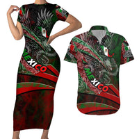 Mexico Aztec Eagle Flag Couples Matching Short Sleeve Bodycon Dress and Hawaiian Shirt Tribal Warrior Art