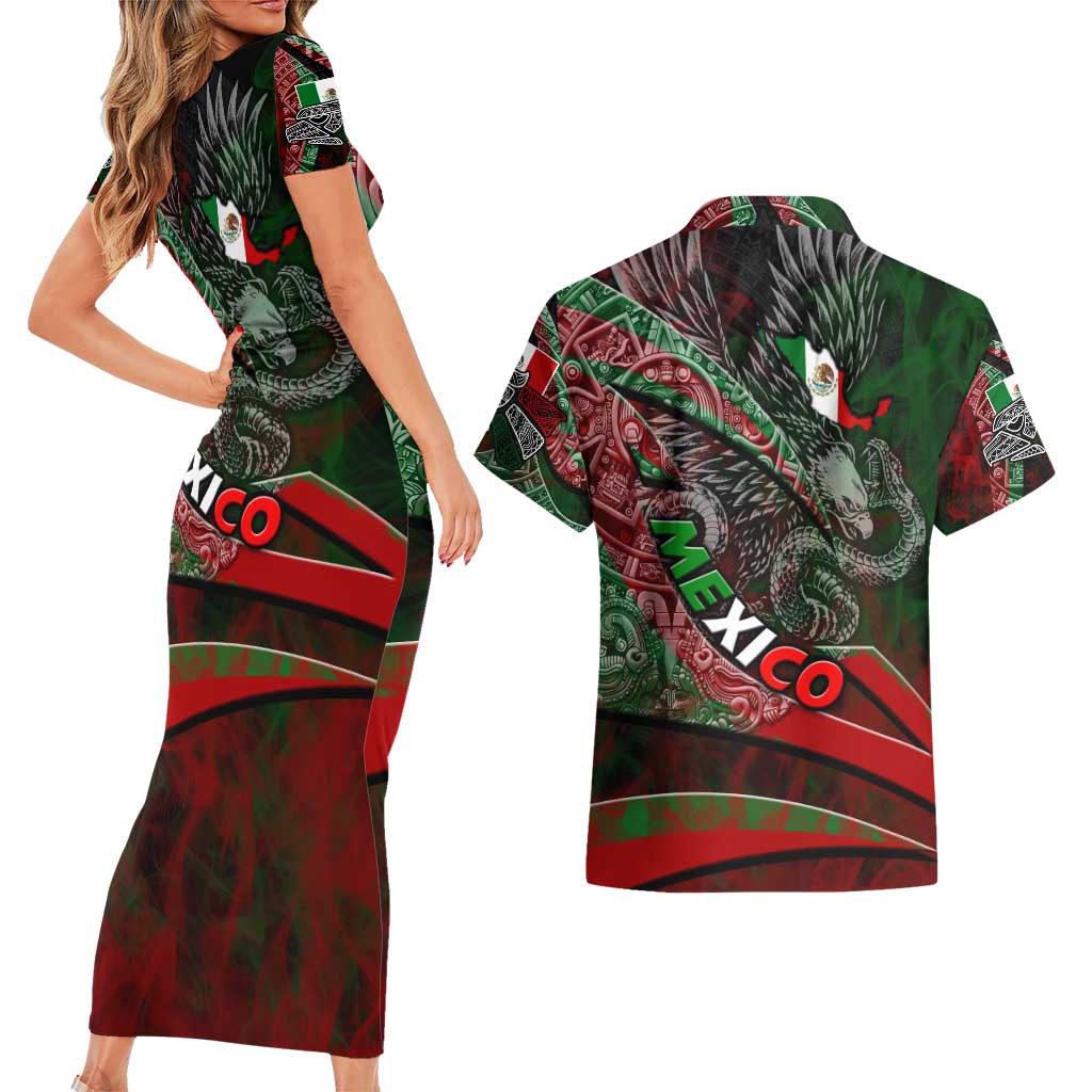 Mexico Aztec Eagle Flag Couples Matching Short Sleeve Bodycon Dress and Hawaiian Shirt Tribal Warrior Art