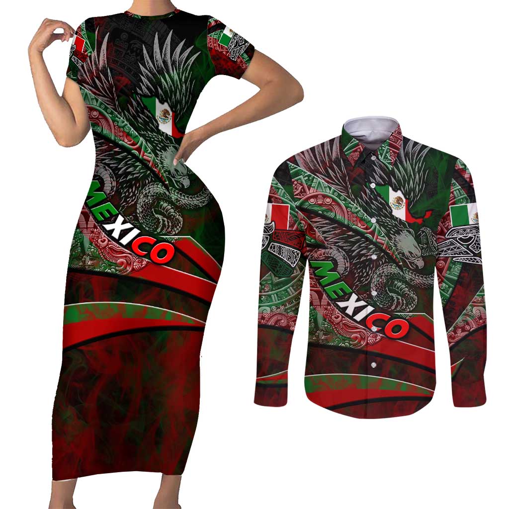 Mexico Aztec Eagle Flag Couples Matching Short Sleeve Bodycon Dress and Long Sleeve Button Shirt Tribal Warrior Art