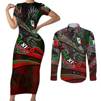 Mexico Aztec Eagle Flag Couples Matching Short Sleeve Bodycon Dress and Long Sleeve Button Shirt Tribal Warrior Art
