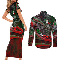 Mexico Aztec Eagle Flag Couples Matching Short Sleeve Bodycon Dress and Long Sleeve Button Shirt Tribal Warrior Art