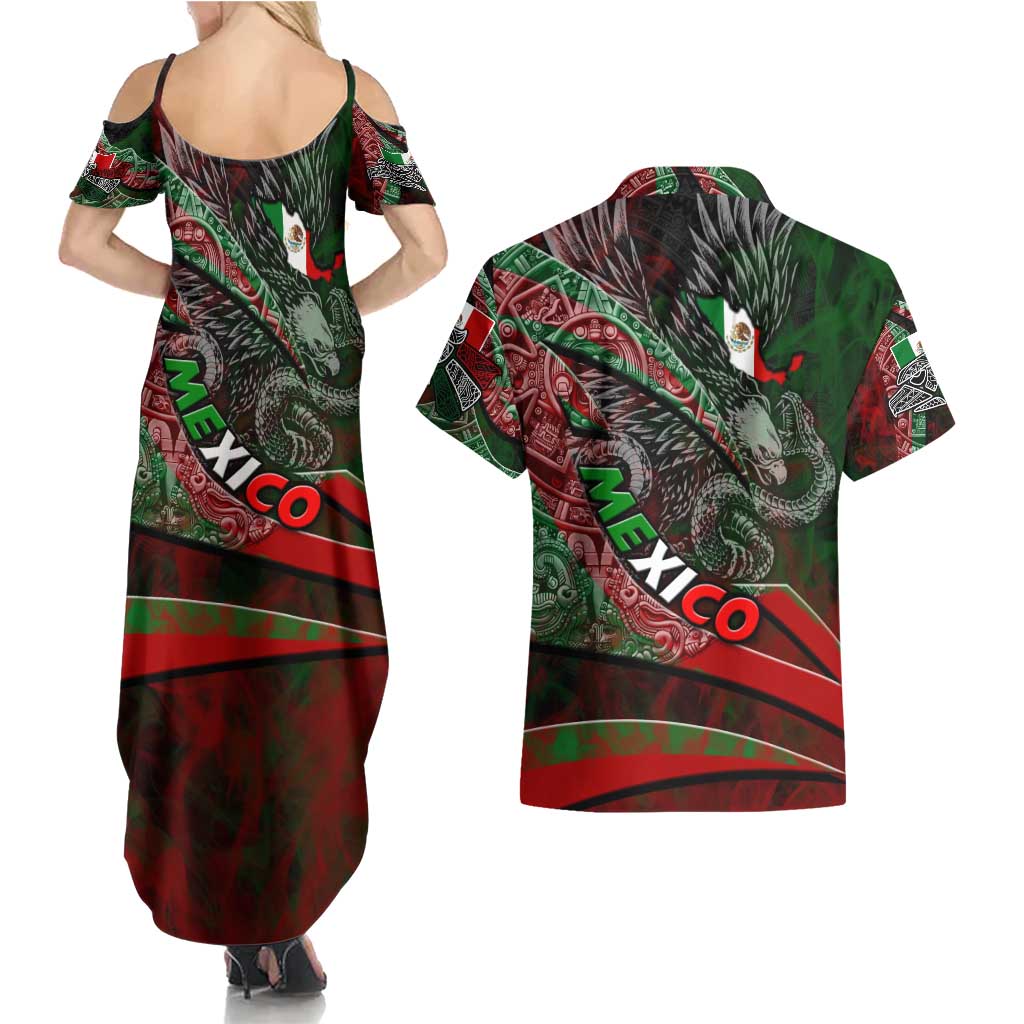 Mexico Aztec Eagle Flag Couples Matching Summer Maxi Dress and Hawaiian Shirt Tribal Warrior Art