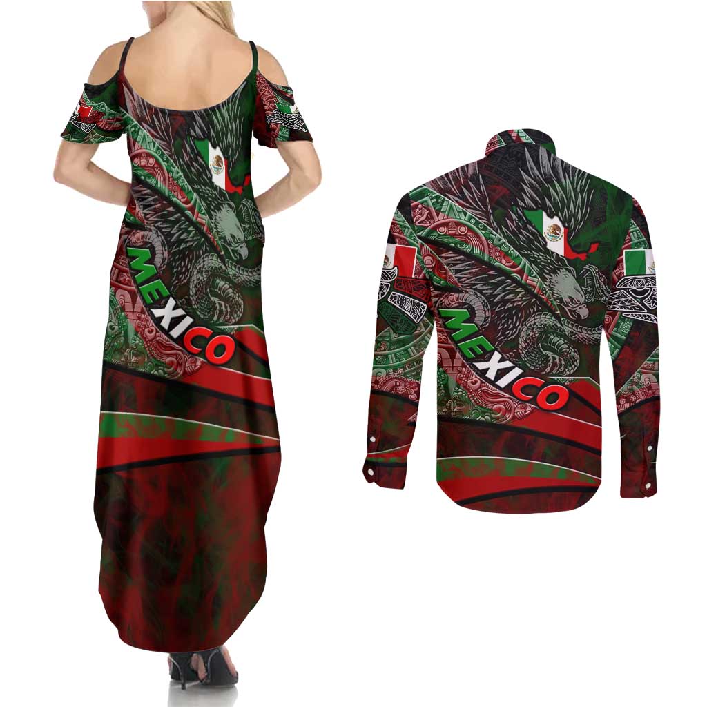 Mexico Aztec Eagle Flag Couples Matching Summer Maxi Dress and Long Sleeve Button Shirt Tribal Warrior Art