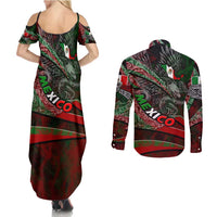 Mexico Aztec Eagle Flag Couples Matching Summer Maxi Dress and Long Sleeve Button Shirt Tribal Warrior Art