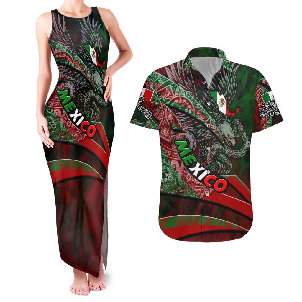 Mexico Aztec Eagle Flag Couples Matching Tank Maxi Dress and Hawaiian Shirt Tribal Warrior Art