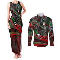 Mexico Aztec Eagle Flag Couples Matching Tank Maxi Dress and Long Sleeve Button Shirt Tribal Warrior Art