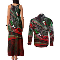 Mexico Aztec Eagle Flag Couples Matching Tank Maxi Dress and Long Sleeve Button Shirt Tribal Warrior Art