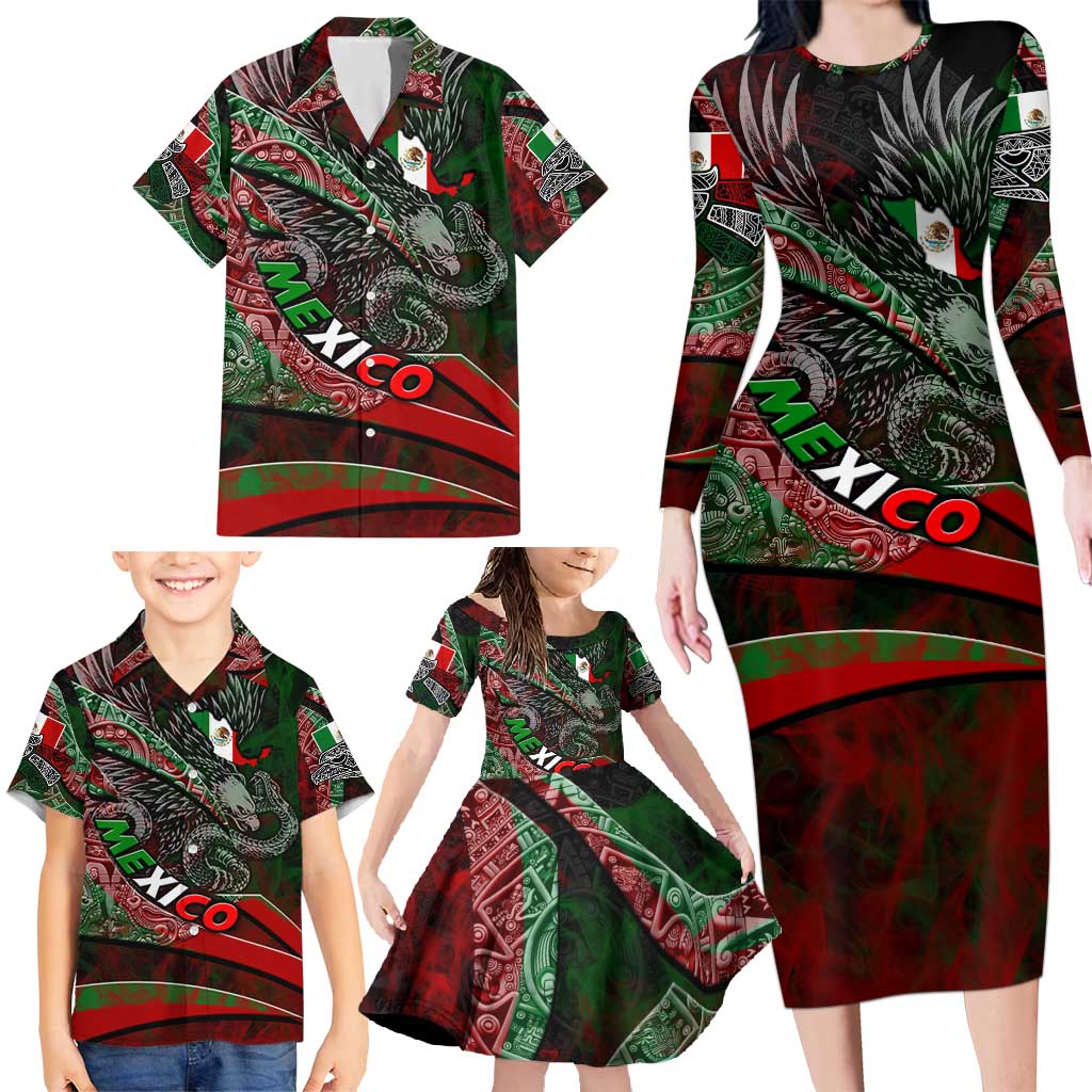 Mexico Aztec Eagle Flag Family Matching Long Sleeve Bodycon Dress and Hawaiian Shirt Tribal Warrior Art