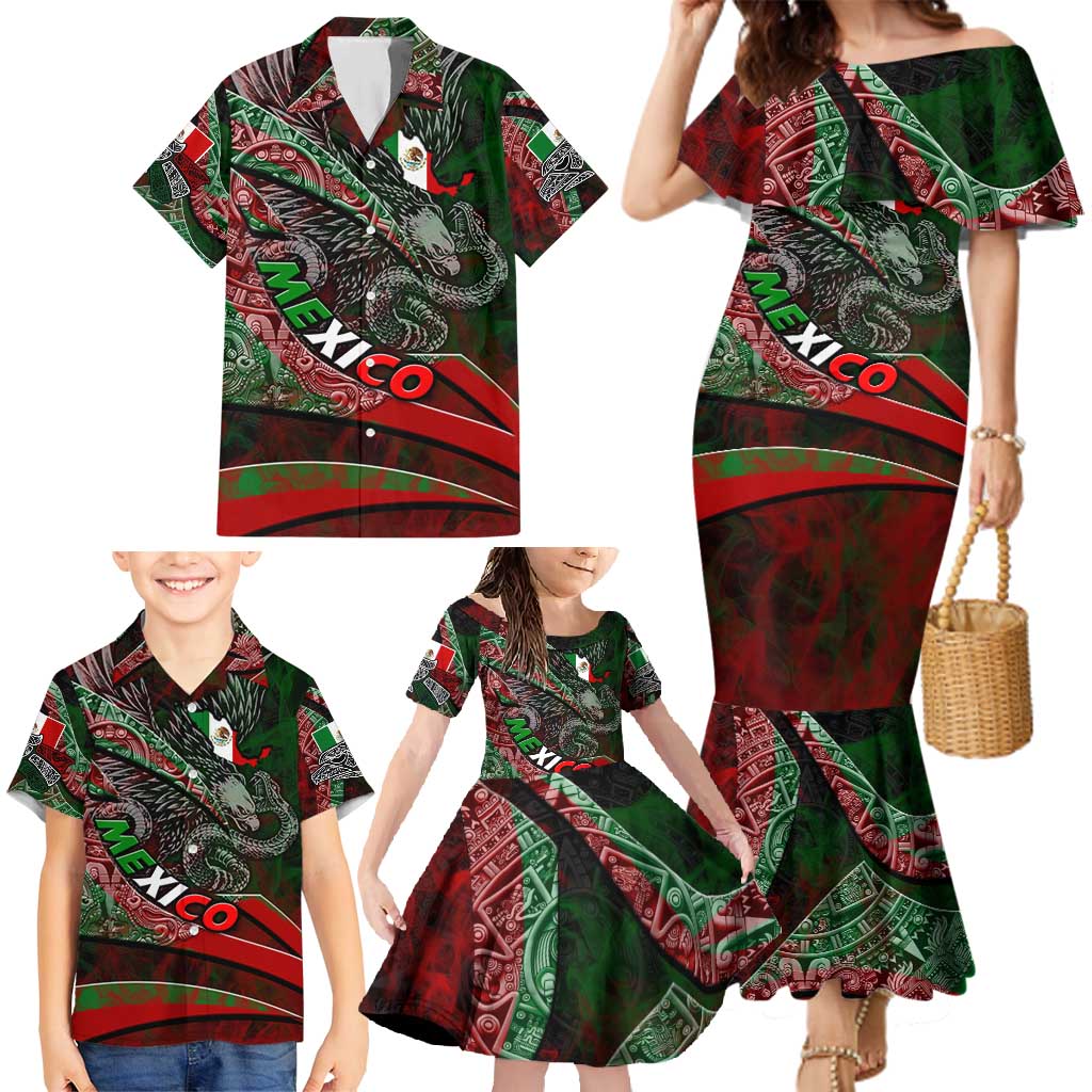 Mexico Aztec Eagle Flag Family Matching Mermaid Dress and Hawaiian Shirt Tribal Warrior Art