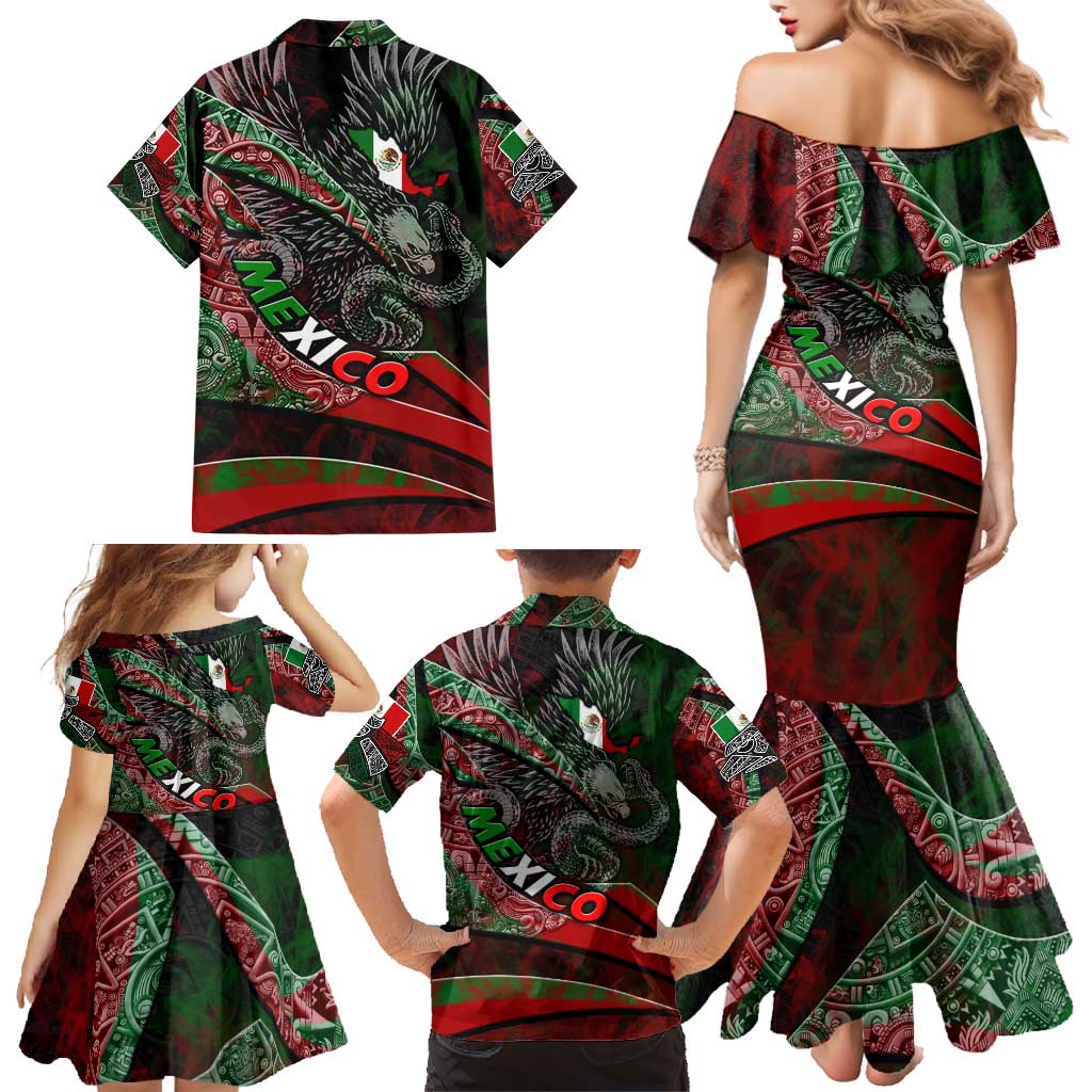 Mexico Aztec Eagle Flag Family Matching Mermaid Dress and Hawaiian Shirt Tribal Warrior Art