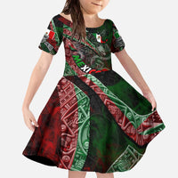 Mexico Aztec Eagle Flag Family Matching Off The Shoulder Long Sleeve Dress and Hawaiian Shirt Tribal Warrior Art