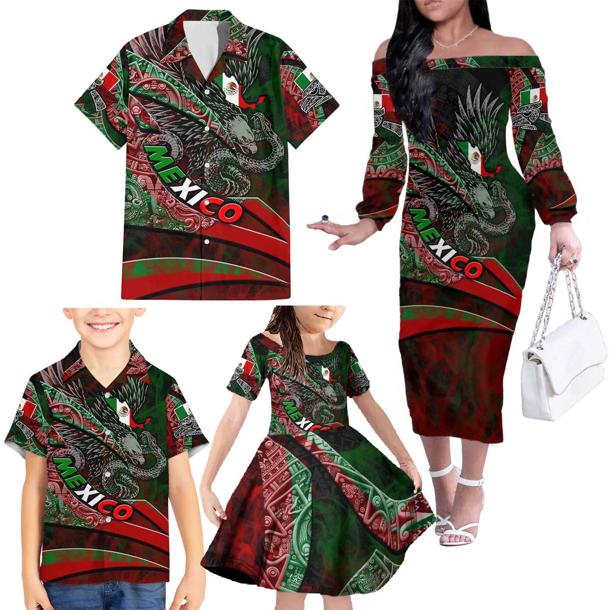Mexico Aztec Eagle Flag Family Matching Off The Shoulder Long Sleeve Dress and Hawaiian Shirt Tribal Warrior Art