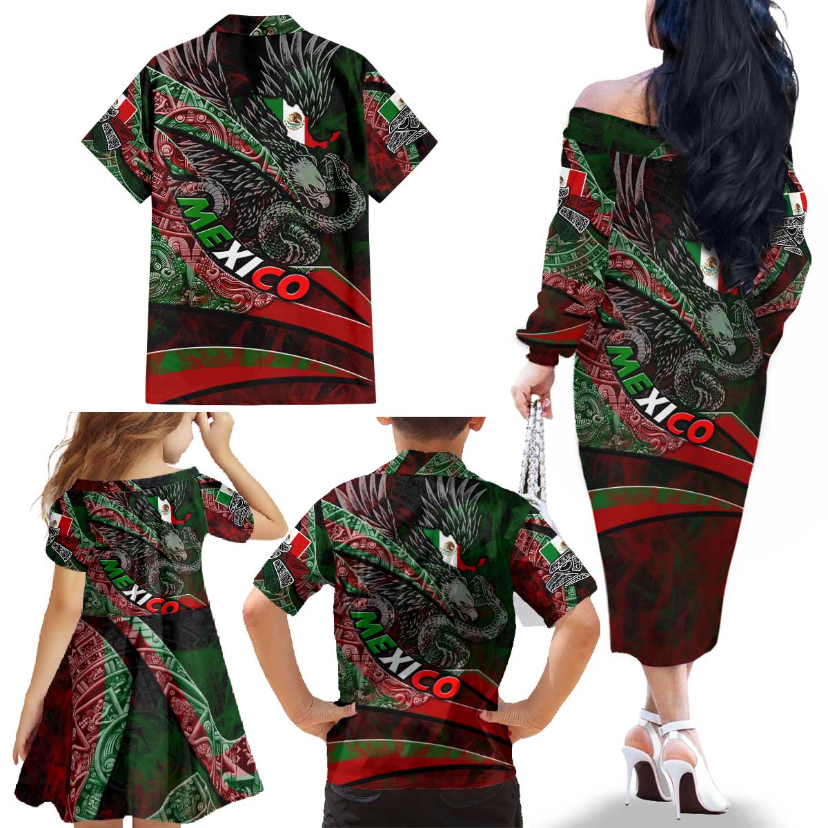 Mexico Aztec Eagle Flag Family Matching Off The Shoulder Long Sleeve Dress and Hawaiian Shirt Tribal Warrior Art