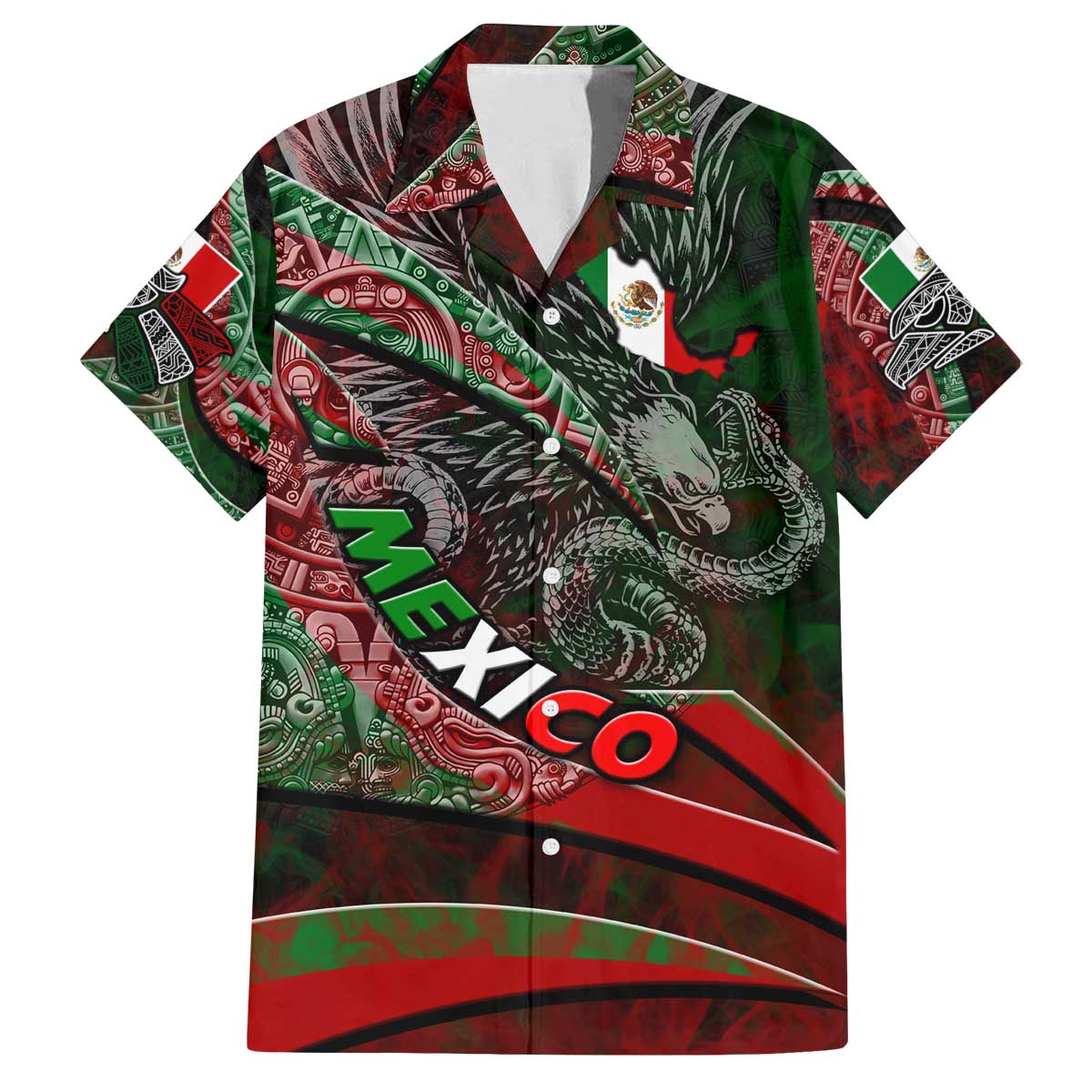 Mexico Aztec Eagle Flag Family Matching Off The Shoulder Long Sleeve Dress and Hawaiian Shirt Tribal Warrior Art