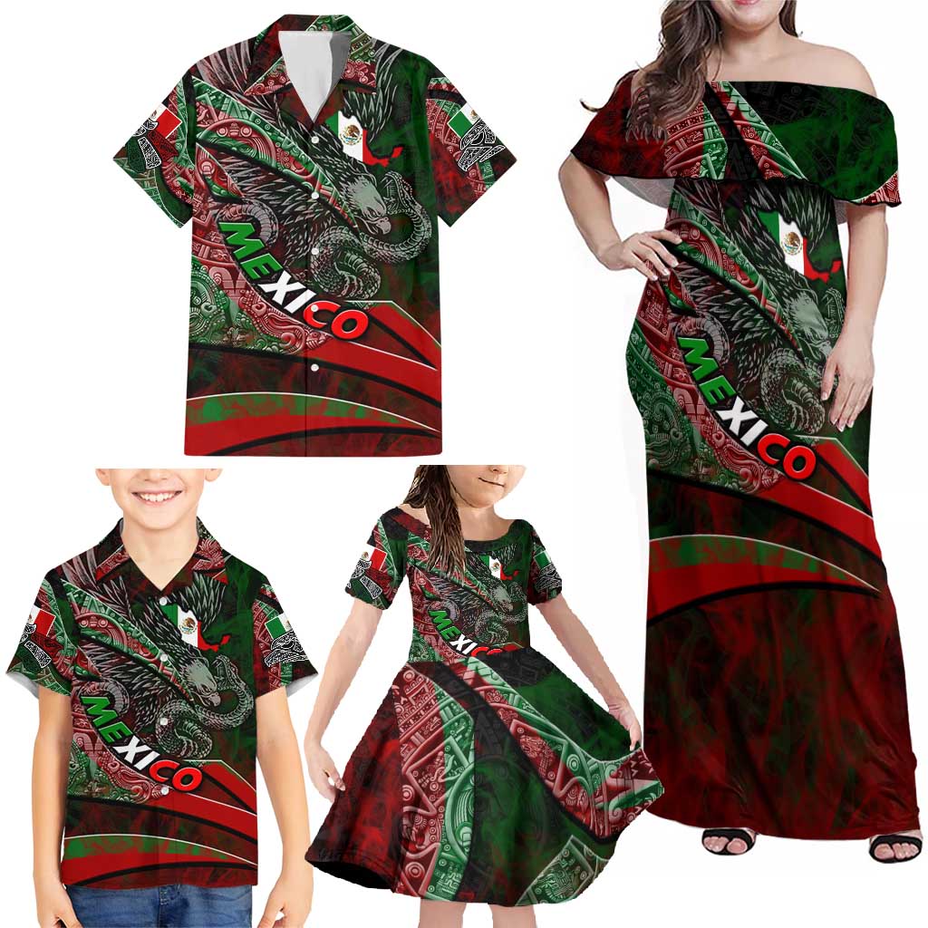 Mexico Aztec Eagle Flag Family Matching Off Shoulder Maxi Dress and Hawaiian Shirt Tribal Warrior Art