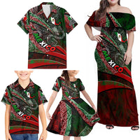 Mexico Aztec Eagle Flag Family Matching Off Shoulder Maxi Dress and Hawaiian Shirt Tribal Warrior Art