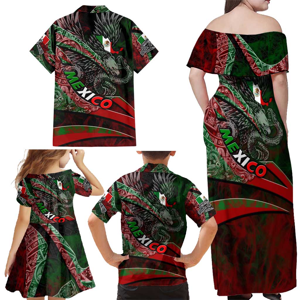 Mexico Aztec Eagle Flag Family Matching Off Shoulder Maxi Dress and Hawaiian Shirt Tribal Warrior Art