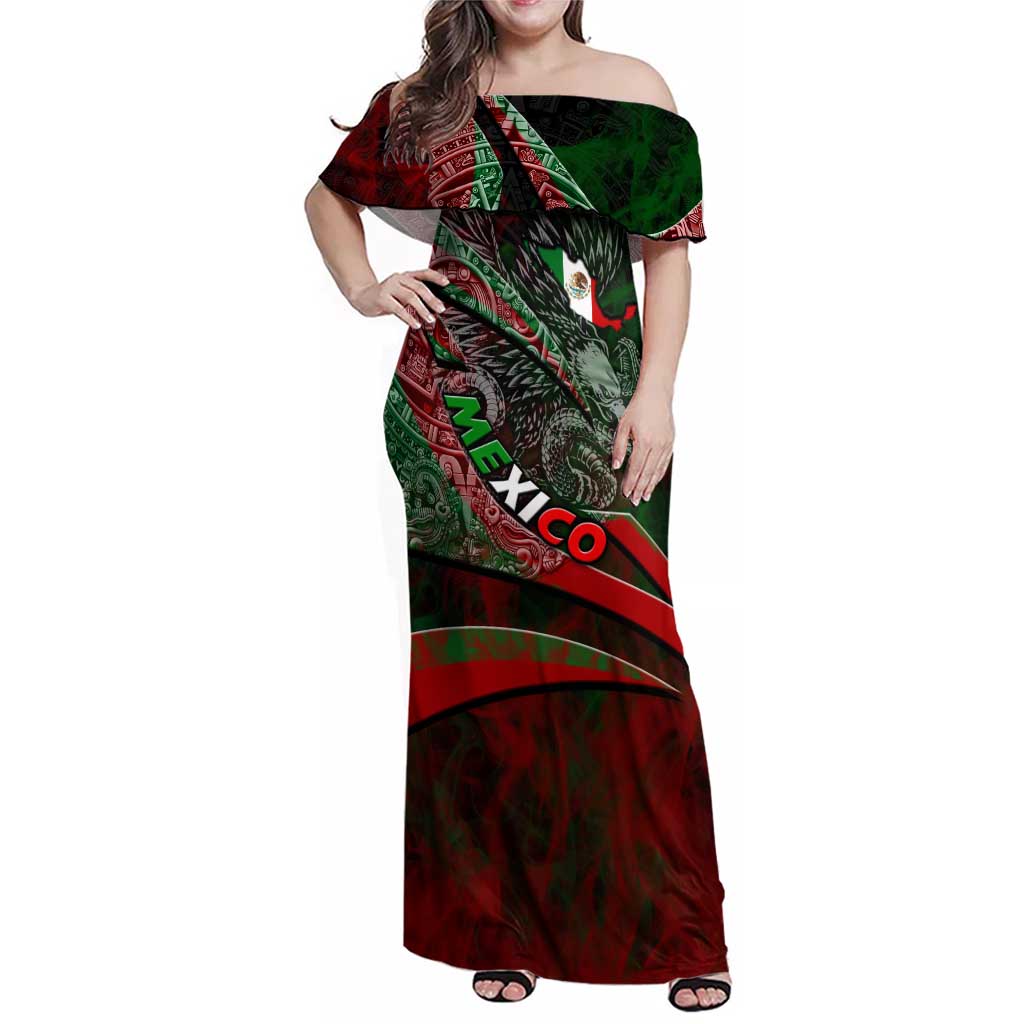 Mexico Aztec Eagle Flag Family Matching Off Shoulder Maxi Dress and Hawaiian Shirt Tribal Warrior Art