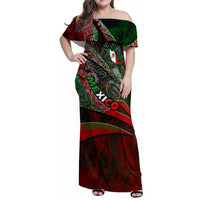 Mexico Aztec Eagle Flag Family Matching Off Shoulder Maxi Dress and Hawaiian Shirt Tribal Warrior Art
