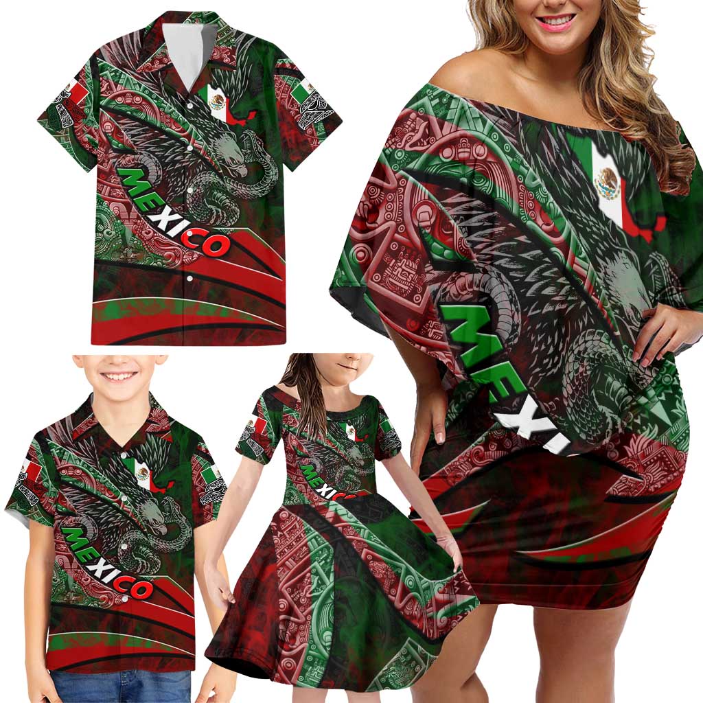 Mexico Aztec Eagle Flag Family Matching Off Shoulder Short Dress and Hawaiian Shirt Tribal Warrior Art