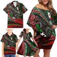 Mexico Aztec Eagle Flag Family Matching Off Shoulder Short Dress and Hawaiian Shirt Tribal Warrior Art